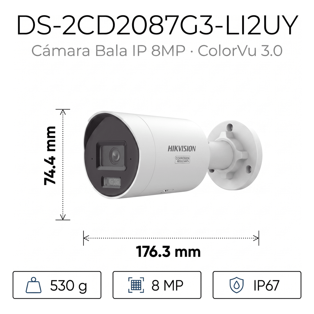 [Dual Light + ColorVu 3.0 + HikAI] Bala IP 8 Megapixel / Lente 2.8 mm / 40 mts IR + Luz Blanca / 2 Microfonos Integrados / Exterior IP67 / WDR 130 dB