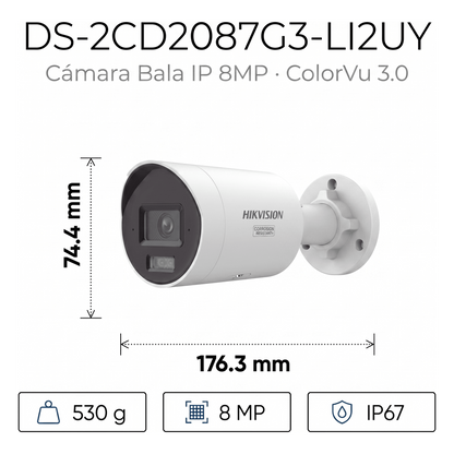 [Dual Light + ColorVu 3.0 + HikAI] Bala IP 8 Megapixel / Lente 2.8 mm / 40 mts IR + Luz Blanca / 2 Microfonos Integrados / Exterior IP67 / WDR 130 dB