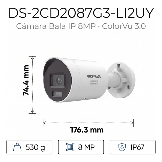 [Dual Light + ColorVu 3.0 + HikAI] Bala IP 8 Megapixel / Lente 2.8 mm / 40 mts IR + Luz Blanca / 2 Microfonos Integrados / Exterior IP67 / WDR 130 dB