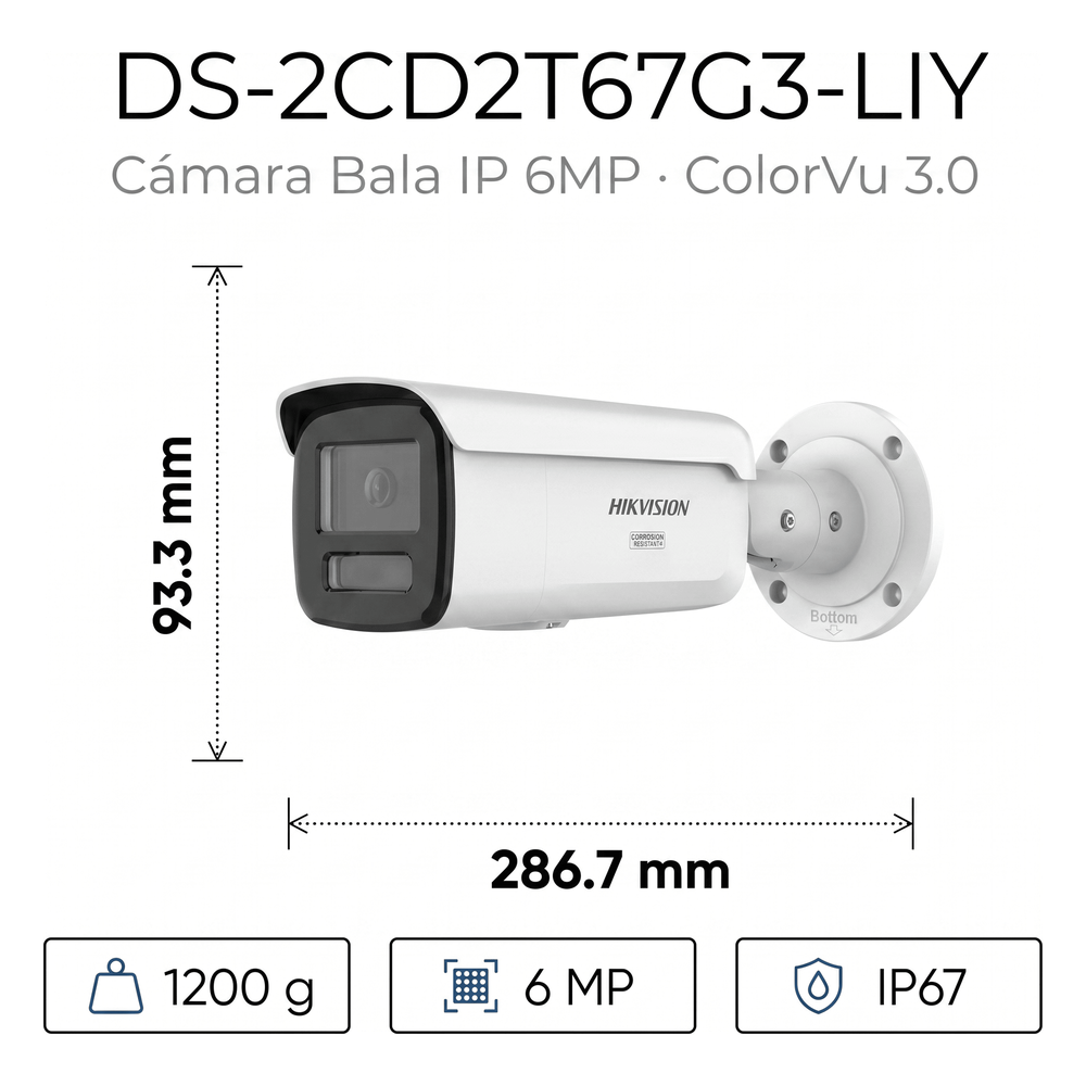 [Dual Light + ColorVu 3.0 + HikAI] Bala IP 6 Megapixel / Lente 4 mm / 60 mts IR + Luz Blanca / Exterior IP67 / WDR 130 dB / ACUSENSE 3.0 / Metal