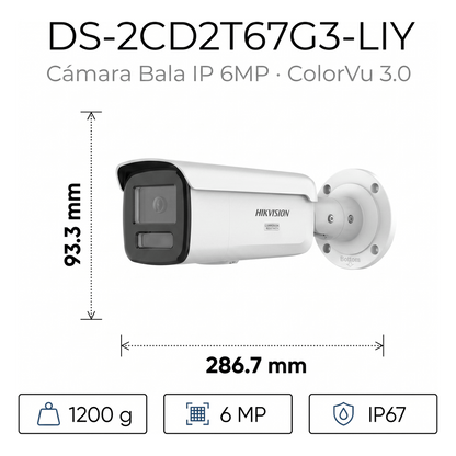 [Dual Light + ColorVu 3.0 + HikAI] Bala IP 6 Megapixel / Lente 4 mm / 60 mts IR + Luz Blanca / Exterior IP67 / WDR 130 dB / ACUSENSE 3.0 / Metal