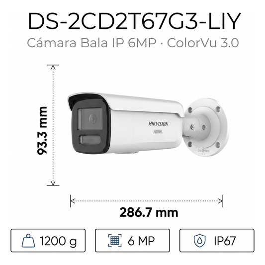 [Dual Light + ColorVu 3.0 + HikAI] Bala IP 6 Megapixel / Lente 4 mm / 60 mts IR + Luz Blanca / Exterior IP67 / WDR 130 dB / ACUSENSE 3.0 / Metal