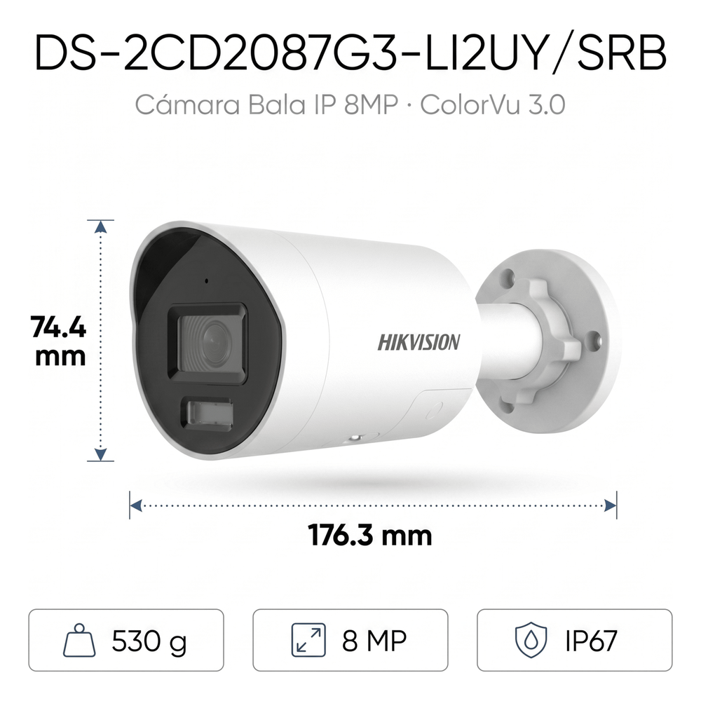 [Dual Light + ColorVu 3.0 + HikAI] Bala IP 8 Megapixel / Lente 2.8 mm / 40 mts IR + Luz Blanca / 2 Microfonos Integrados / Exterior IP67 / Estrobo