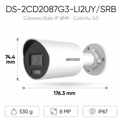 [Dual Light + ColorVu 3.0 + HikAI] Bala IP 8 Megapixel / Lente 2.8 mm / 40 mts IR + Luz Blanca / 2 Microfonos Integrados / Exterior IP67 / Estrobo