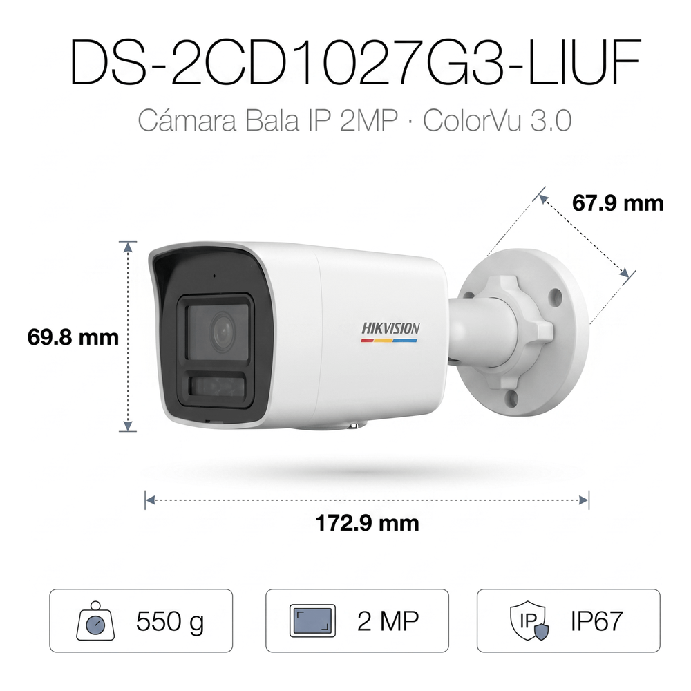 [ColorVu 3.0 + MD 3.0] Bala IP 2 Megapixel / Lente 2.8 mm / 30 mts IR + 30 mts Luz Blanca / Micrófono Integrado / Detección de Movimiento 3.0