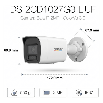 [ColorVu 3.0 + MD 3.0] Bala IP 2 Megapixel / Lente 2.8 mm / 30 mts IR + 30 mts Luz Blanca / Micrófono Integrado / Detección de Movimiento 3.0
