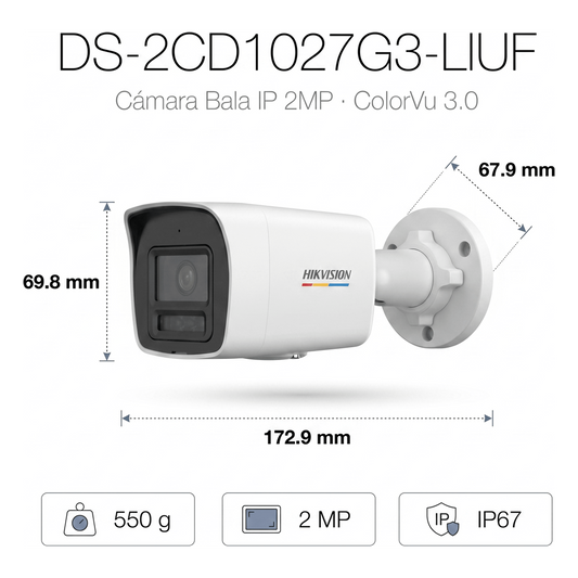 [ColorVu 3.0 + MD 3.0] Bala IP 2 Megapixel / Lente 2.8 mm / 30 mts IR + 30 mts Luz Blanca / Micrófono Integrado / Detección de Movimiento 3.0