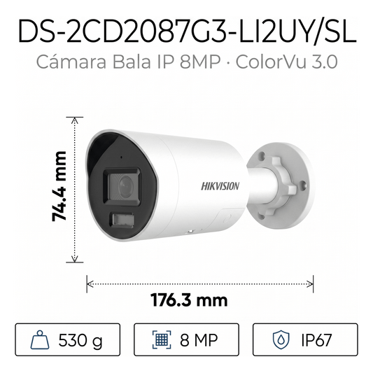 [Dual Light + ColorVu 3.0 + HikAI] Bala IP 8 Megapixel / Lente 2.8 mm / 40 mts IR + Luz Blanca / 2 Microfonos Integrados / Exterior IP67 / Estrobo