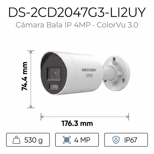 [Dual Light + ColorVu 3.0 + HikAI] Bala IP 4 Megapixel / Lente 2.8 mm / 40 mts IR + Luz Blanca / 2 Microfonos Integrados / Exterior IP67 / WDR 130 dB