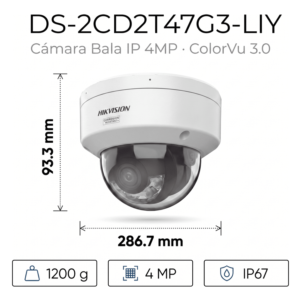 [Dual Light + ColorVu 3.0 + HikAI] Bala IP 4 Megapixel / Lente 4 mm / 60 mts IR + Luz Blanca / Exterior IP67 / WDR 130 dB / ACUSENSE 3.0 / Metal