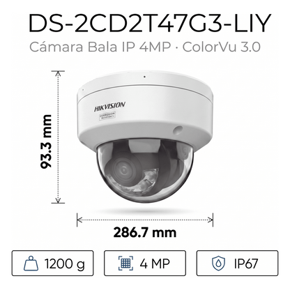 [Dual Light + ColorVu 3.0 + HikAI] Bala IP 4 Megapixel / Lente 4 mm / 60 mts IR + Luz Blanca / Exterior IP67 / WDR 130 dB / ACUSENSE 3.0 / Metal