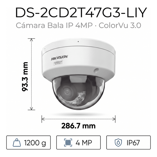 [Dual Light + ColorVu 3.0 + HikAI] Bala IP 4 Megapixel / Lente 4 mm / 60 mts IR + Luz Blanca / Exterior IP67 / WDR 130 dB / ACUSENSE 3.0 / Metal