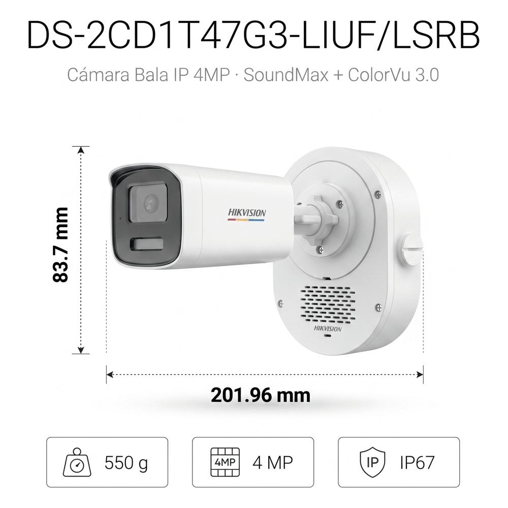 Bala IP 4 Megapixel / ColorVu 3.0 + SoundMax / Lente 4 mm / Dual Light 50 mts (164 ft) IR + Luz Blanca / Bocina + Micrófono Integrados / Luz