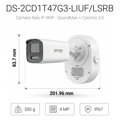 Bala IP 4 Megapixel / ColorVu 3.0 + SoundMax / Lente 4 mm / Dual Light 50 mts (164 ft) IR + Luz Blanca / Bocina + Micrófono Integrados / Luz