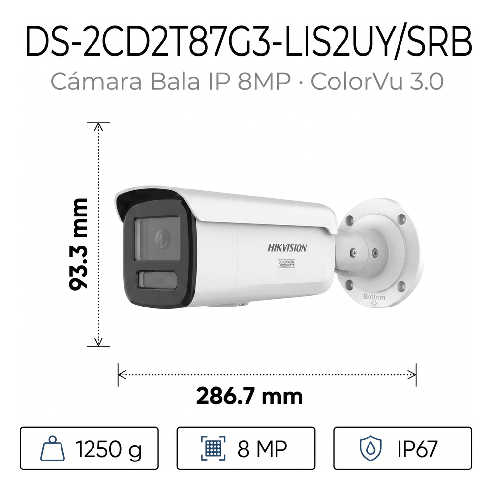 [Dual Light + ColorVu 3.0 + HikAI] Bala IP 8 Megapixel / Lente 4 mm / 60 mts IR + Luz Blanca / Exterior IP67 / Estrobo Azul y Rojo / WDR 130 dB