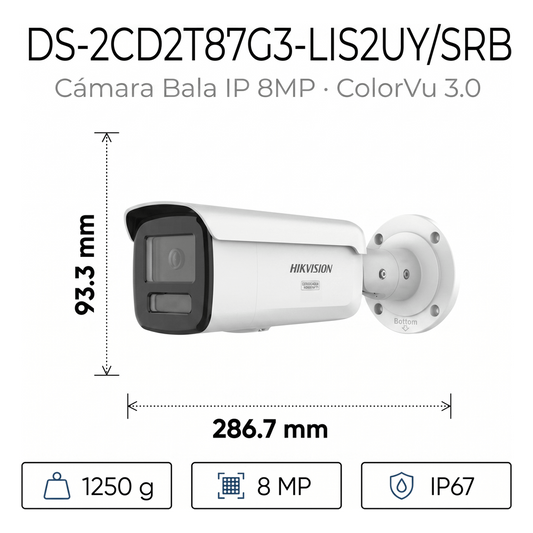 [Dual Light + ColorVu 3.0 + HikAI] Bala IP 8 Megapixel / Lente 4 mm / 60 mts IR + Luz Blanca / Exterior IP67 / Estrobo Azul y Rojo / WDR 130 dB