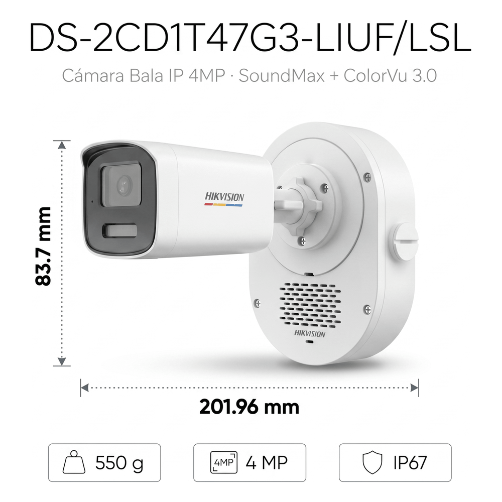 Bala IP 4 Megapixel / ColorVu 3.0 + SoundMax / Lente 4 mm / Dual Light 50 mts (164 ft) IR + Luz Blanca / Bocina + Micrófono Integrados / AcuSense