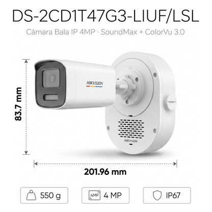 Bala IP 4 Megapixel / ColorVu 3.0 + SoundMax / Lente 4 mm / Dual Light 50 mts (164 ft) IR + Luz Blanca / Bocina + Micrófono Integrados / AcuSense