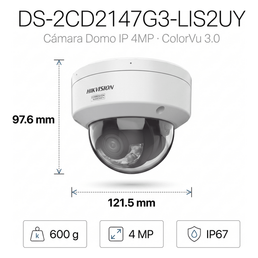 [Dual Light + ColorVu 3.0 + HikAI] Domo IP 4 Megapixel / Lente 2.8 mm / 30 mts IR + Luz Blanca / 2 Microfonos Integrados / Exterior IP67 / WDR 130 dB