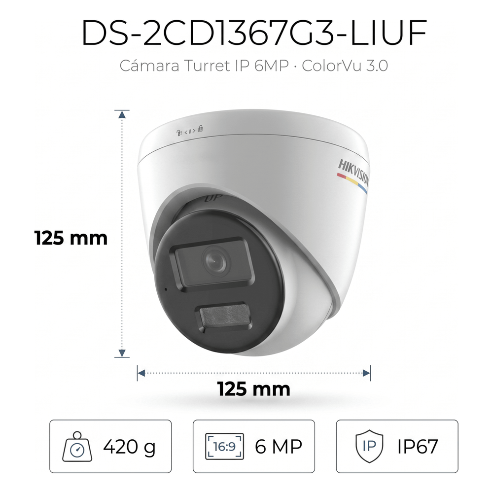 [ColorVu 3.0 + MD 3.0] Turret IP 6 Megapixel / Lente 2.8 mm / 30 mts IR + 30 mts Luz Blanca / Micrófono Integrado / ACUSENSE Lite / Exterior IP67