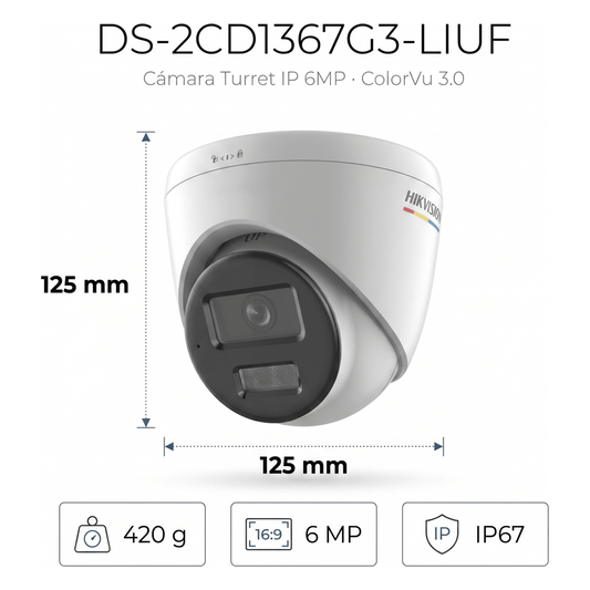[ColorVu 3.0 + MD 3.0] Turret IP 6 Megapixel / Lente 2.8 mm / 30 mts IR + 30 mts Luz Blanca / Micrófono Integrado / ACUSENSE Lite / Exterior IP67