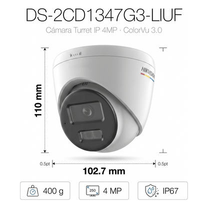 [ColorVu 3.0 + MD 3.0] Turret IP 4 Megapixel / Lente 2.8 mm / 30 mts IR + 30 mts Luz Blanca / Micrófono Integrado / Motion Detection 3.0 / Exterior