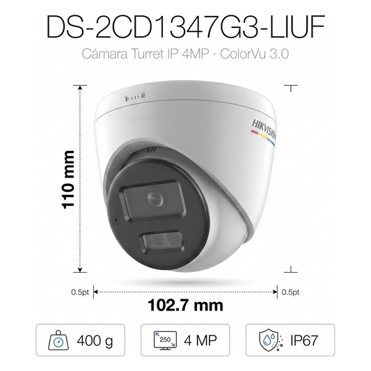[ColorVu 3.0 + MD 3.0] Turret IP 4 Megapixel / Lente 2.8 mm / 30 mts IR + 30 mts Luz Blanca / Micrófono Integrado / Motion Detection 3.0 / Exterior