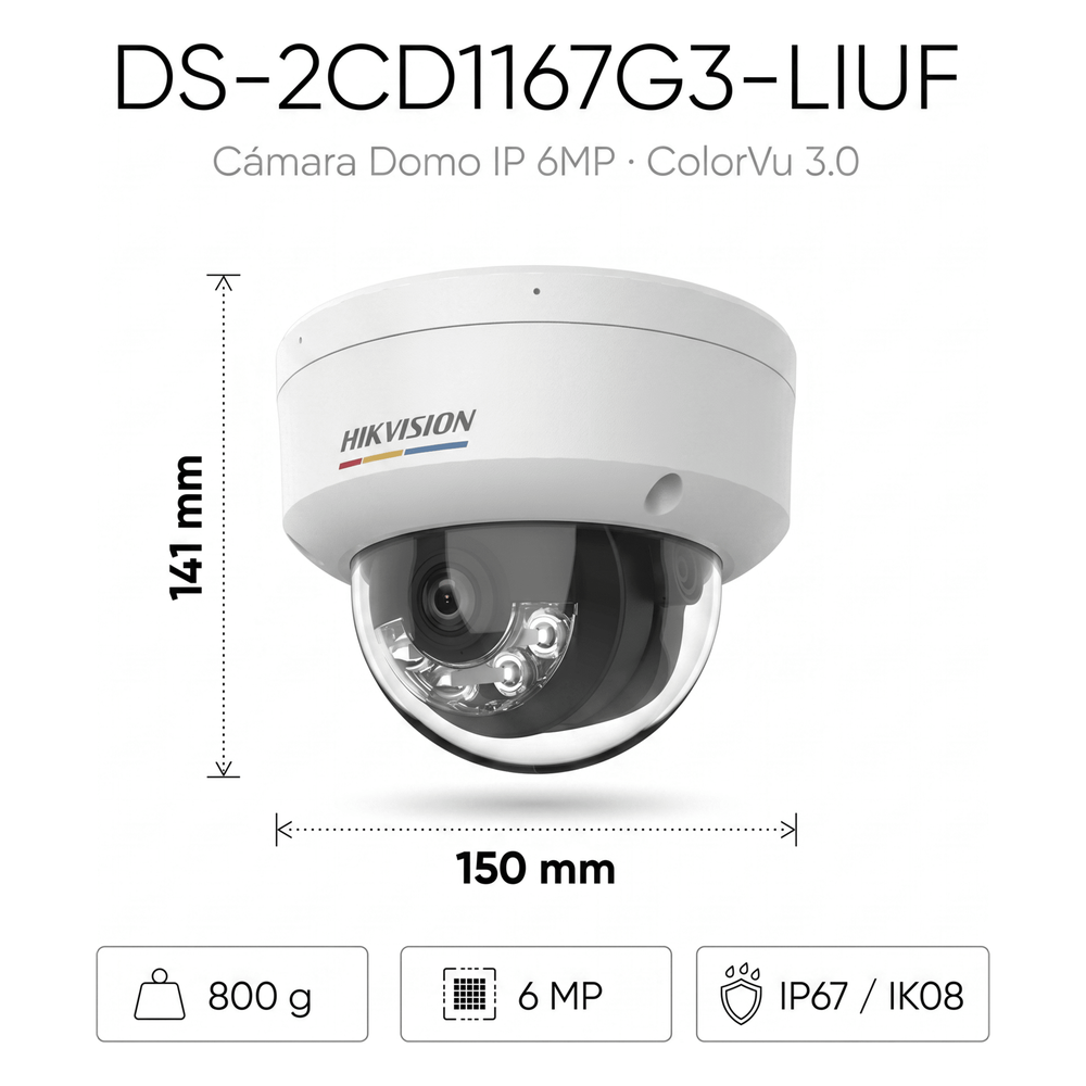[ColorVu 3.0 + MD 3.0] Domo IP 6 Megapixel / Lente 2.8 mm / 30 mts IR + 30 mts Luz Blanca / Micrófono Integrado / Motion Detection 3.0 / Exterior