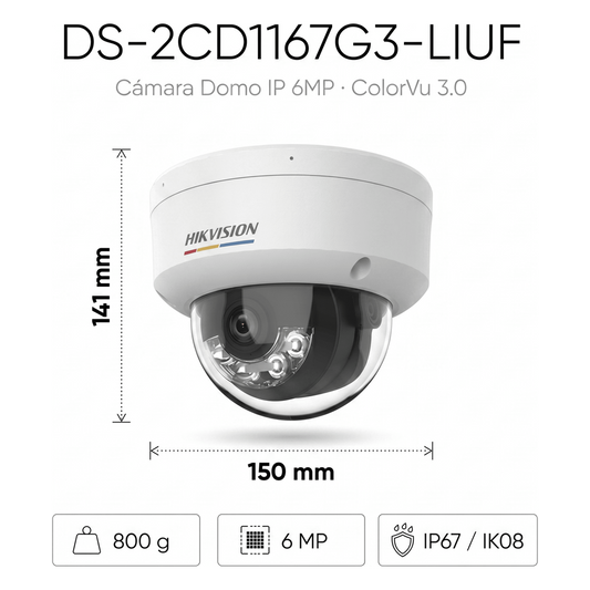 [ColorVu 3.0 + MD 3.0] Domo IP 6 Megapixel / Lente 2.8 mm / 30 mts IR + 30 mts Luz Blanca / Micrófono Integrado / Motion Detection 3.0 / Exterior