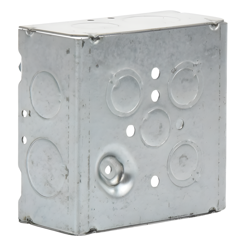 Caja Cuadrada 4 11/16" x 4 11/16"/ Profundidad 2- 1/8"/ 4 Entradas 1", 4 Entradas 3/4", 1 Entrada 1/2" y 3 TKO (1/2"-3/4").