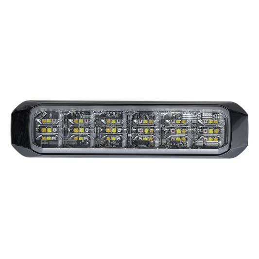 Luz Auxiliar de 18 LED, Tricolor, Rojo/Blanco/Ambar, Lente Transparente, Bisel Negro, SAE