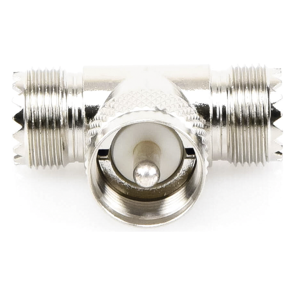 Adaptador en forma T, de Conector UHF Macho (PL-259) a Doble UHF Hembra (SO-239), Níquel/ Plata/ Delrin