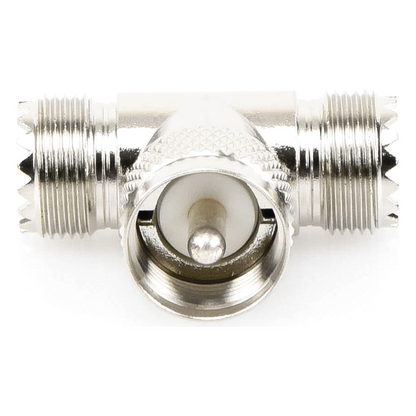 Adaptador en forma T, de Conector UHF Macho (PL-259) a Doble UHF Hembra (SO-239), Níquel/ Plata/ Delrin