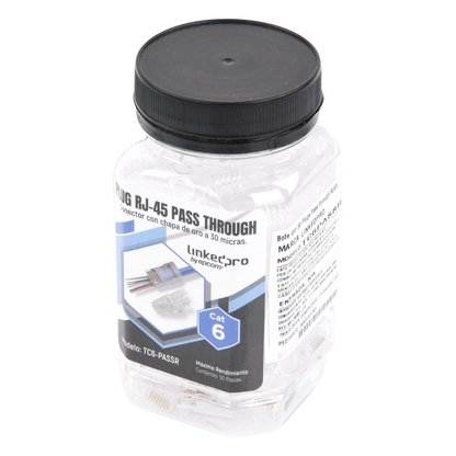 Bote con 50 Plugs Pass Through RJ45 Cat6 sin Blindaje, con Alivio de Tensión Incluido, Chapado de Oro a 30 Micras para Durabilidad Extrema