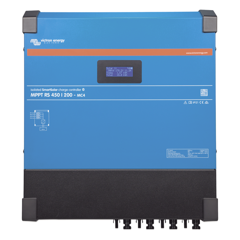 SmartSolar MPPT RS 450/200-MC4. Controlador Solar MPPT 200A, Voltaje: 48 Vcc. Para uso con Inv. Cargadores Victron