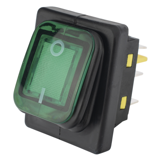 Interruptor tipo Switch con Led Color Verde / IP65 / Diseño Industrial / NO, COM, NC / Terminales tipo F1
