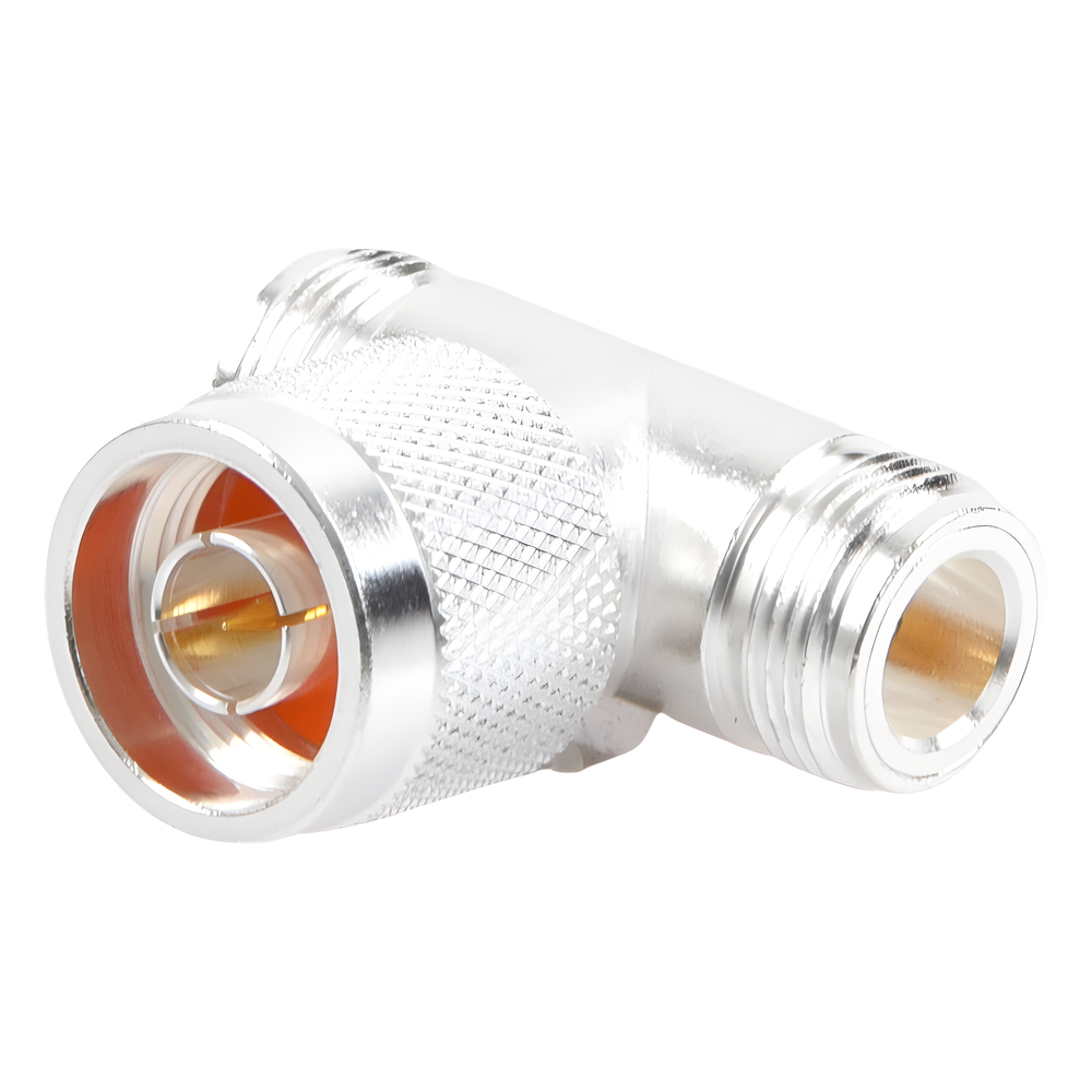 Adaptador en T, de Conector N Macho a Doble N Hembra, Plata/ Oro/ Teflón