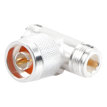Adaptador en T, de Conector N Macho a Doble N Hembra, Plata/ Oro/ Teflón