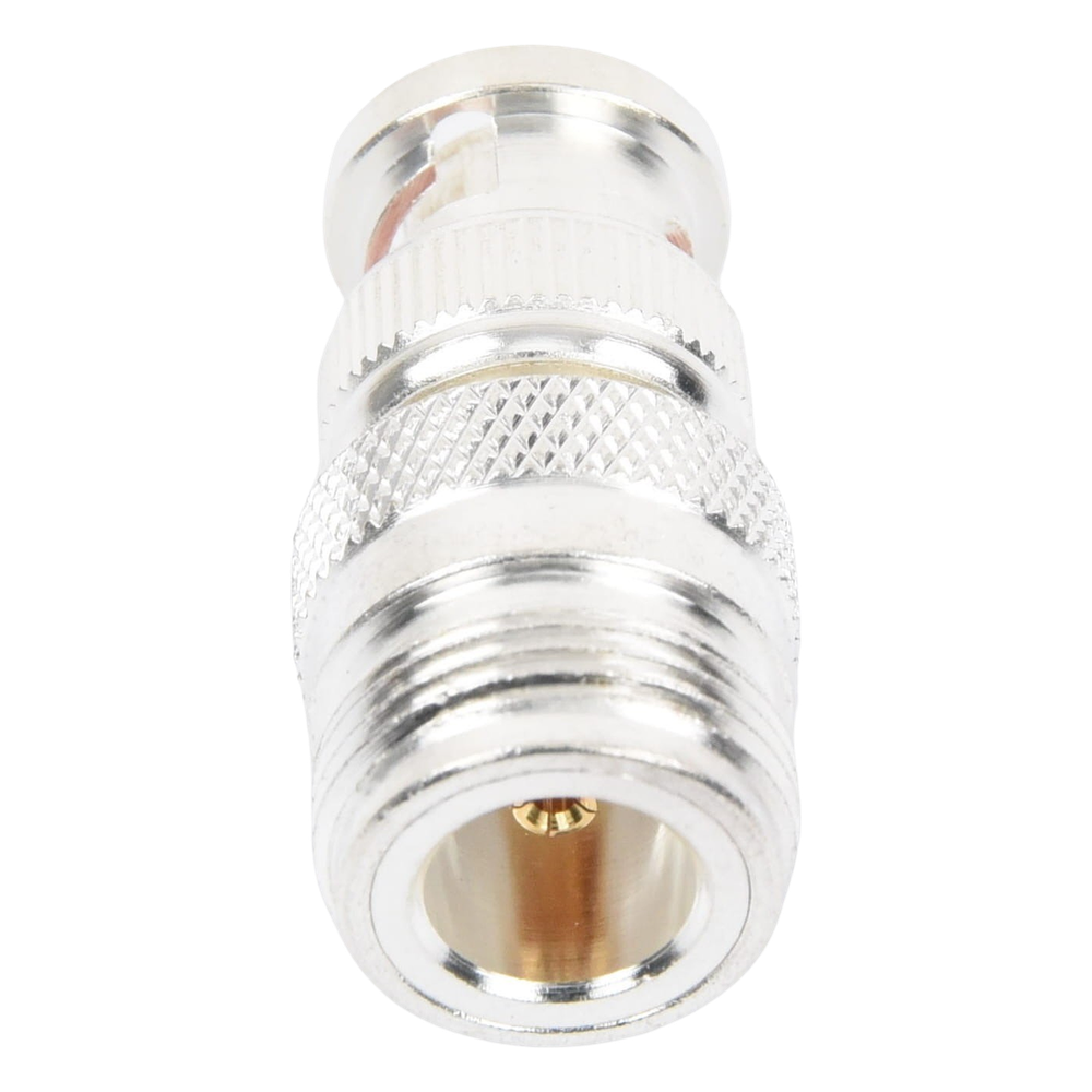 Adaptador en Linea para 50 Ohm, de Conector N Hembra a BNC Macho, Plata /Oro /Teflón