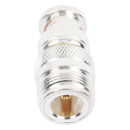 Adaptador en Linea para 50 Ohm, de Conector N Hembra a BNC Macho, Plata /Oro /Teflón