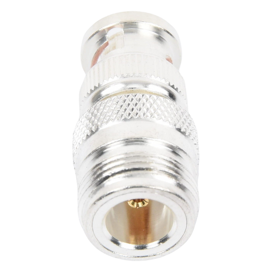 Adaptador en Linea para 50 Ohm, de Conector N Hembra a BNC Macho, Plata /Oro /Teflón