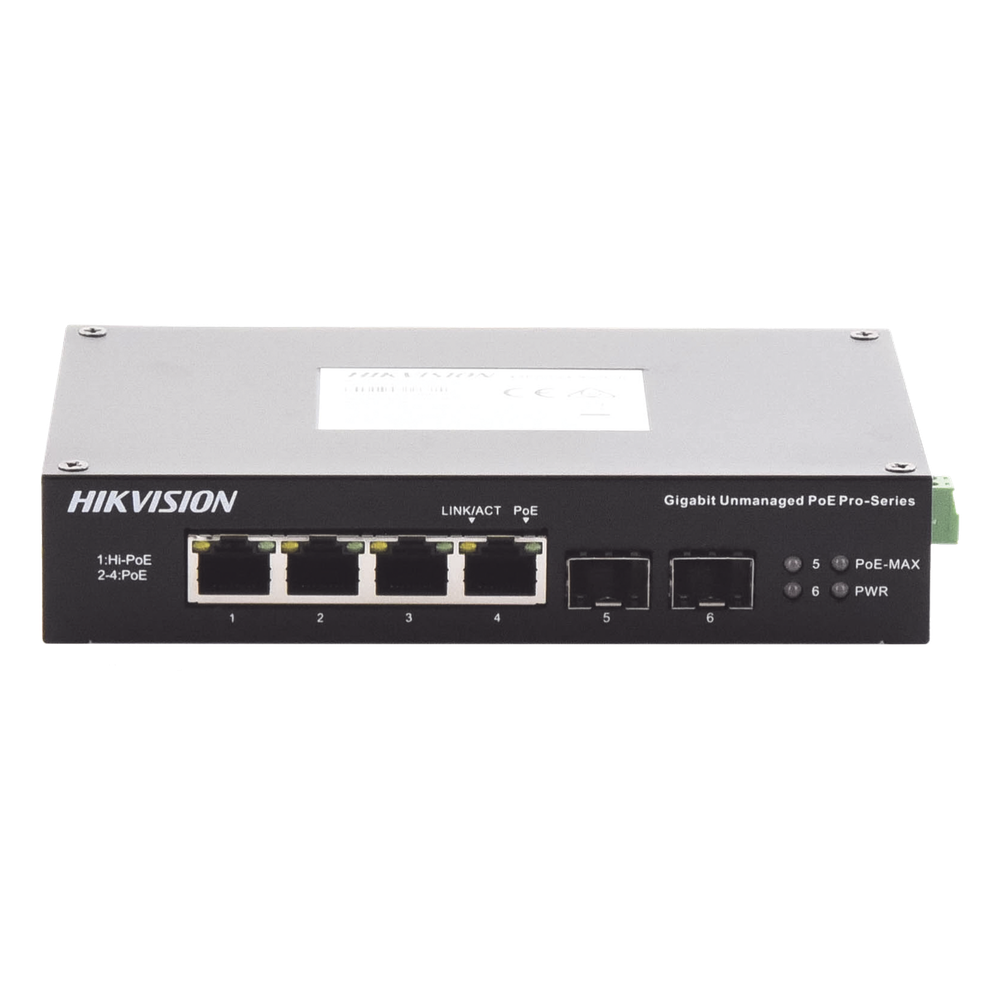 Switch Industrial No Administrable Gigabit / 3 Puertos Gigabit PoE+ (30 W) + 1 Puerto Gigabit PoE++ (60 W) / 2 Puertos SFP / 65 W Total / 48 a 57 VCD