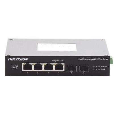 Switch Industrial No Administrable Gigabit / 3 Puertos Gigabit PoE+ (30 W) + 1 Puerto Gigabit PoE++ (60 W) / 2 Puertos SFP / 65 W Total / 48 a 57 VCD