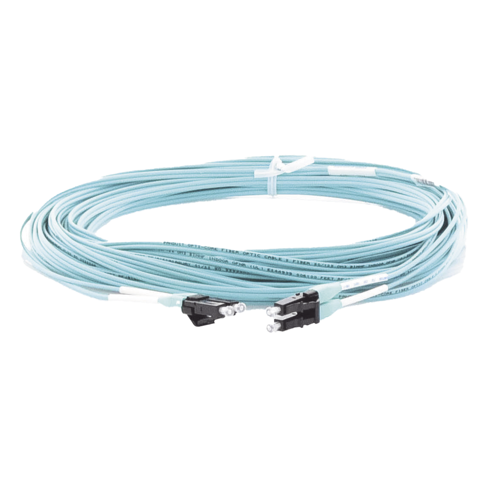 Jumper de Fibra Optica Multimodo 50/125 OM3, LC-LC Duplex, OFNR (Riser), Color Aqua, 15 Metros (49.21 Pies)