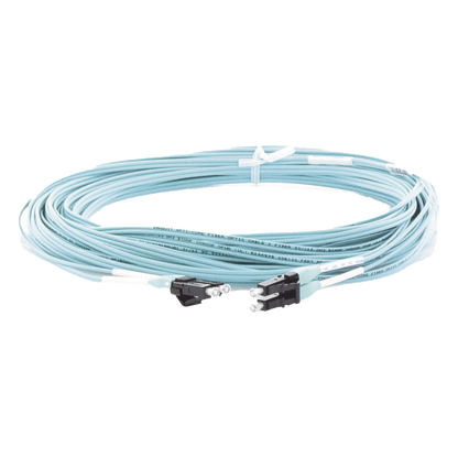 Jumper de Fibra Optica Multimodo 50/125 OM3, LC-LC Duplex, OFNR (Riser), Color Aqua, 15 Metros (49.21 Pies)