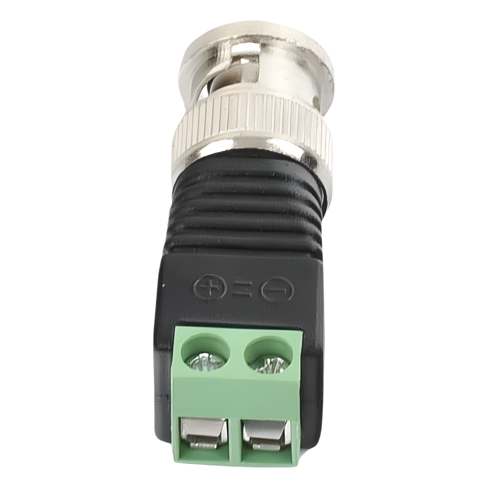 Adaptador de conector BNC macho a 2 terminales-tornillo para cables AWG-26-14, en aplicaciones Video Vigilancia, Níquel/ Oro/ PTFE y PVC.