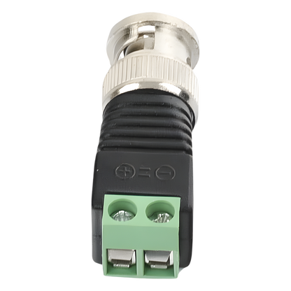 Adaptador de conector BNC macho a 2 terminales-tornillo para cables AWG-26-14, en aplicaciones Video Vigilancia, Níquel/ Oro/ PTFE y PVC.