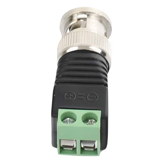 Adaptador de conector BNC macho a 2 terminales-tornillo para cables AWG-26-14, en aplicaciones Video Vigilancia, Níquel/ Oro/ PTFE y PVC.
