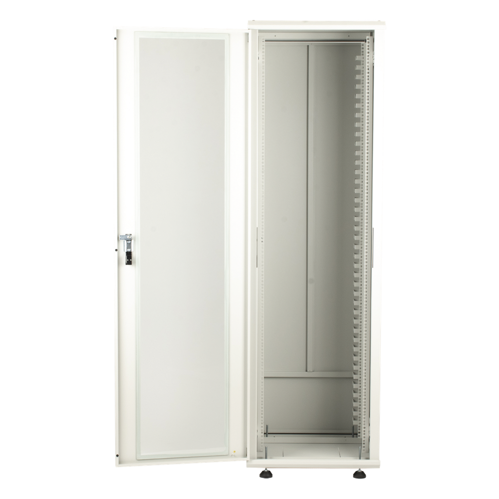 Gabinete Rack 42 Unidades / Piso 19 Pulgadas / Puerta Cristal Templado / Capacidad Carga 1000 Kg / Acero Calibres 16-18-20 / Ventilación Superior