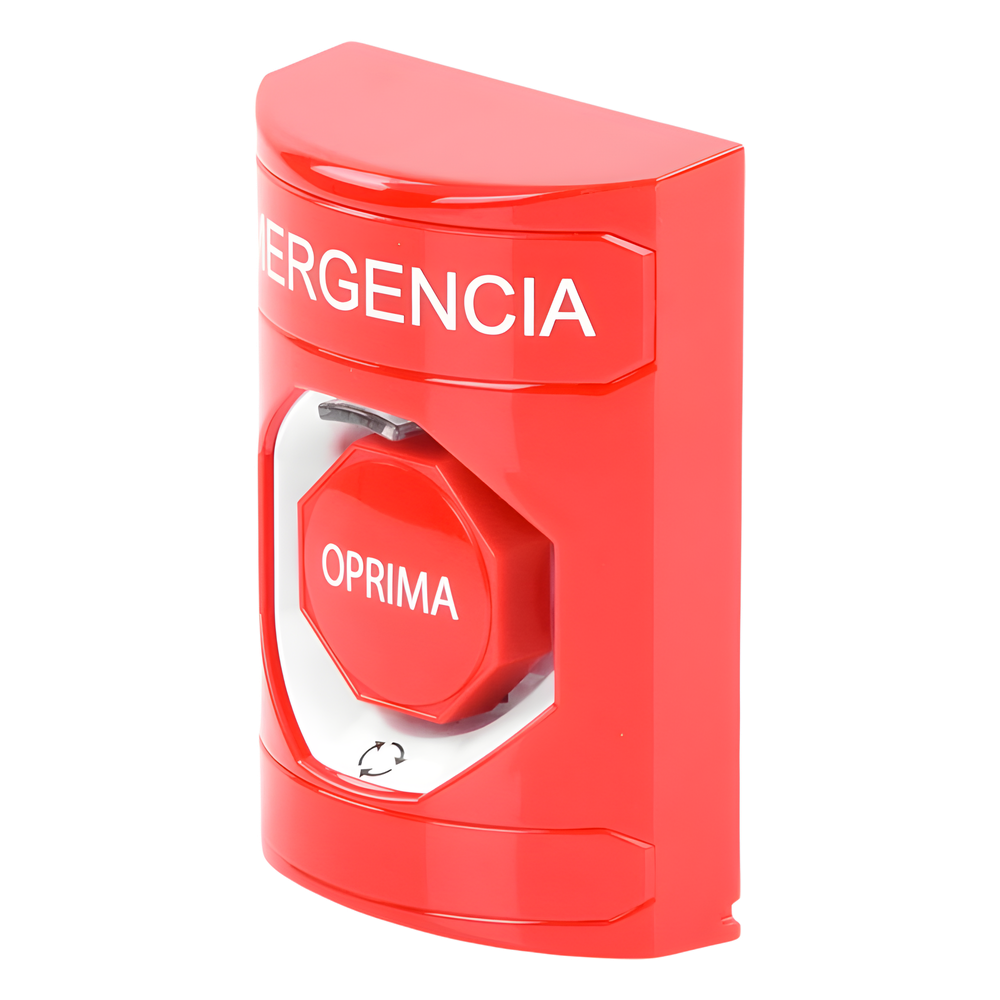Botón de Emergencia, Texto en Español, Color Rojo, Acción Mantenida, Girar para Restablecer y LED Multicolor